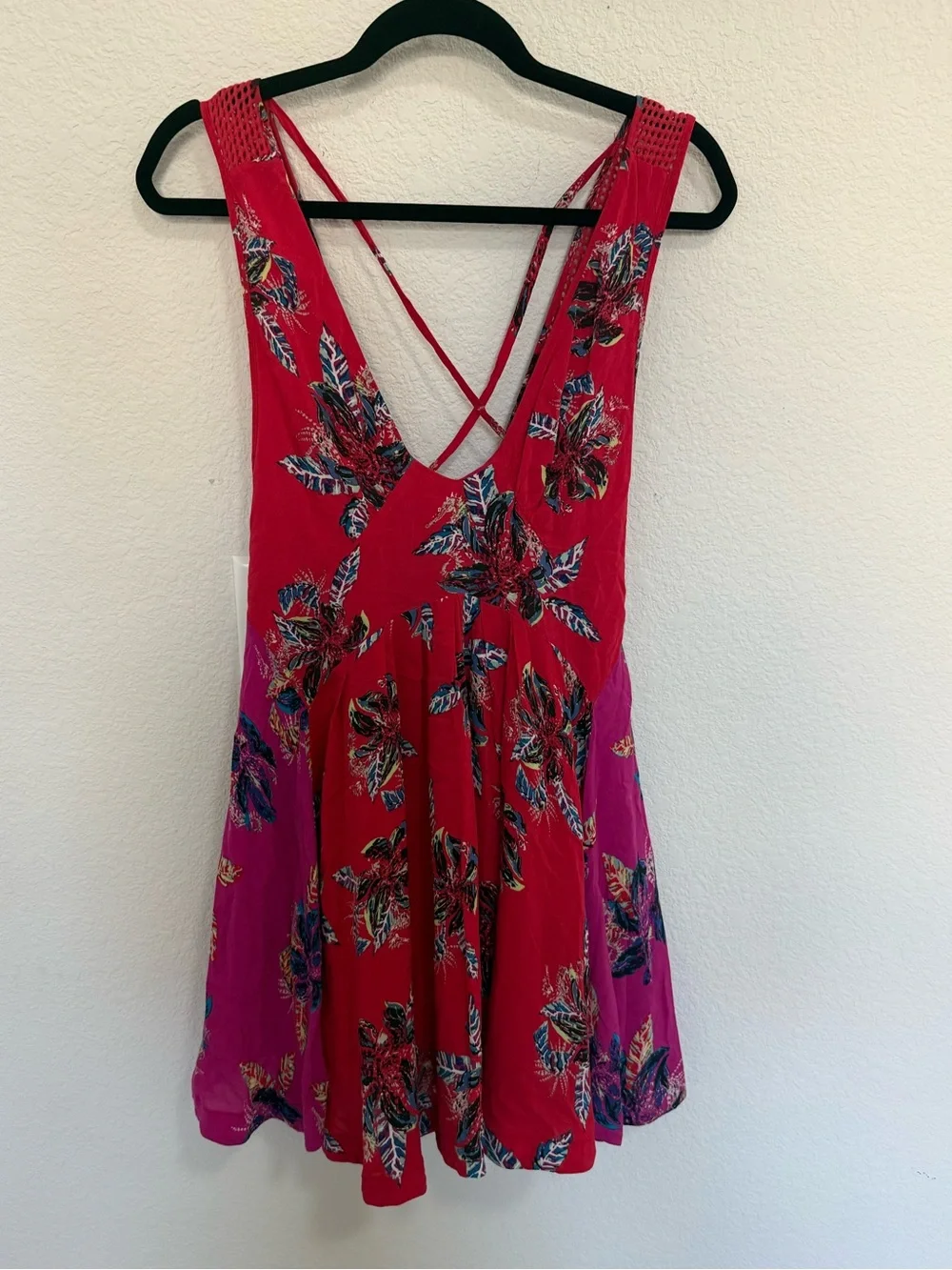 Free People Thought I Was Dreaming Open Back Red Pink Mini Swing Dress Sz XS